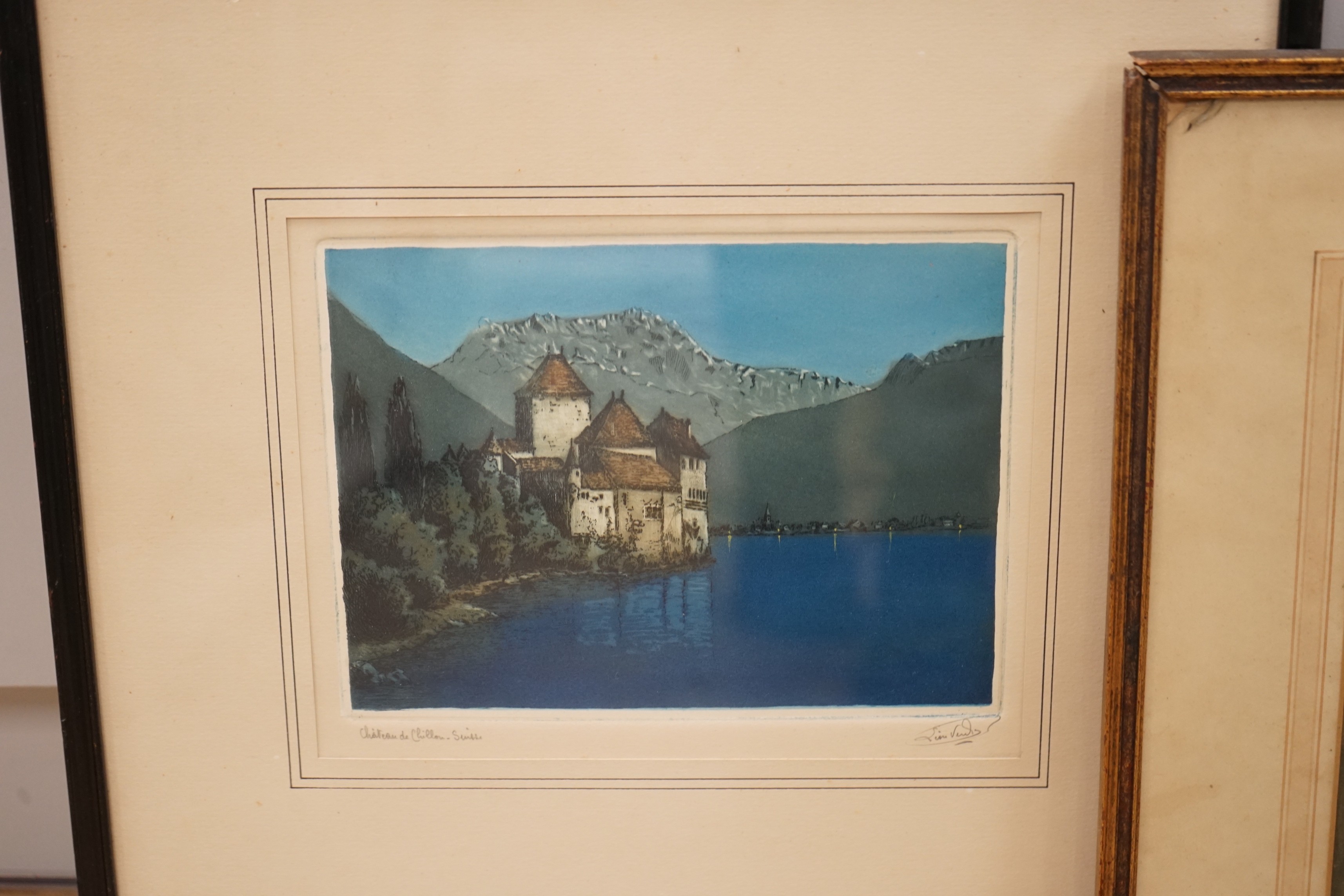 French School, coloured etching, 'Chateau de Chillon, Switzerland', 16 x 21cm, and a Medici print after Graham Petrie of a Venetian Square